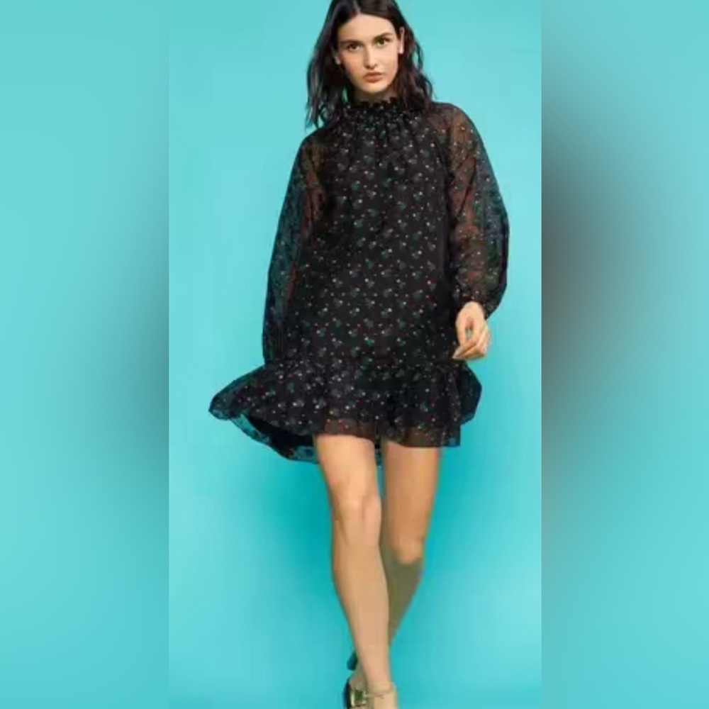 CYNTHIA ROWLEY FLORENCE FLOUNCE MINI DRESS BLACK